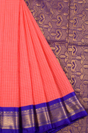 Peach Gadwal Kuttu Cotton Saree with Checks, Silk Border, Pallu and Without Blouse