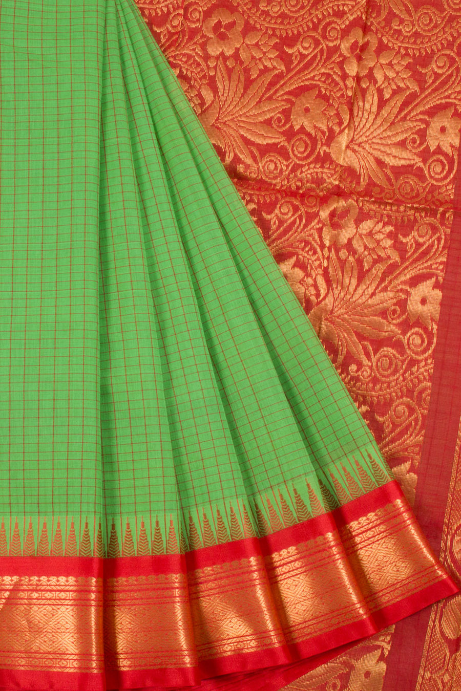 Green Gadwal Kuttu Cotton Saree with Checks Design, Silk Border and Pallu