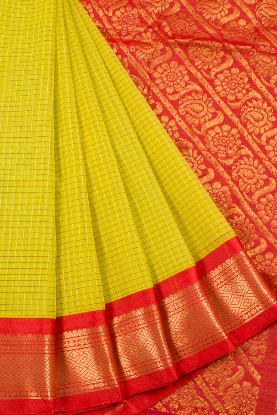 Lemon Yellow Gadwal Kuttu Cotton Saree with Checks Design, Silk Border and Pallu