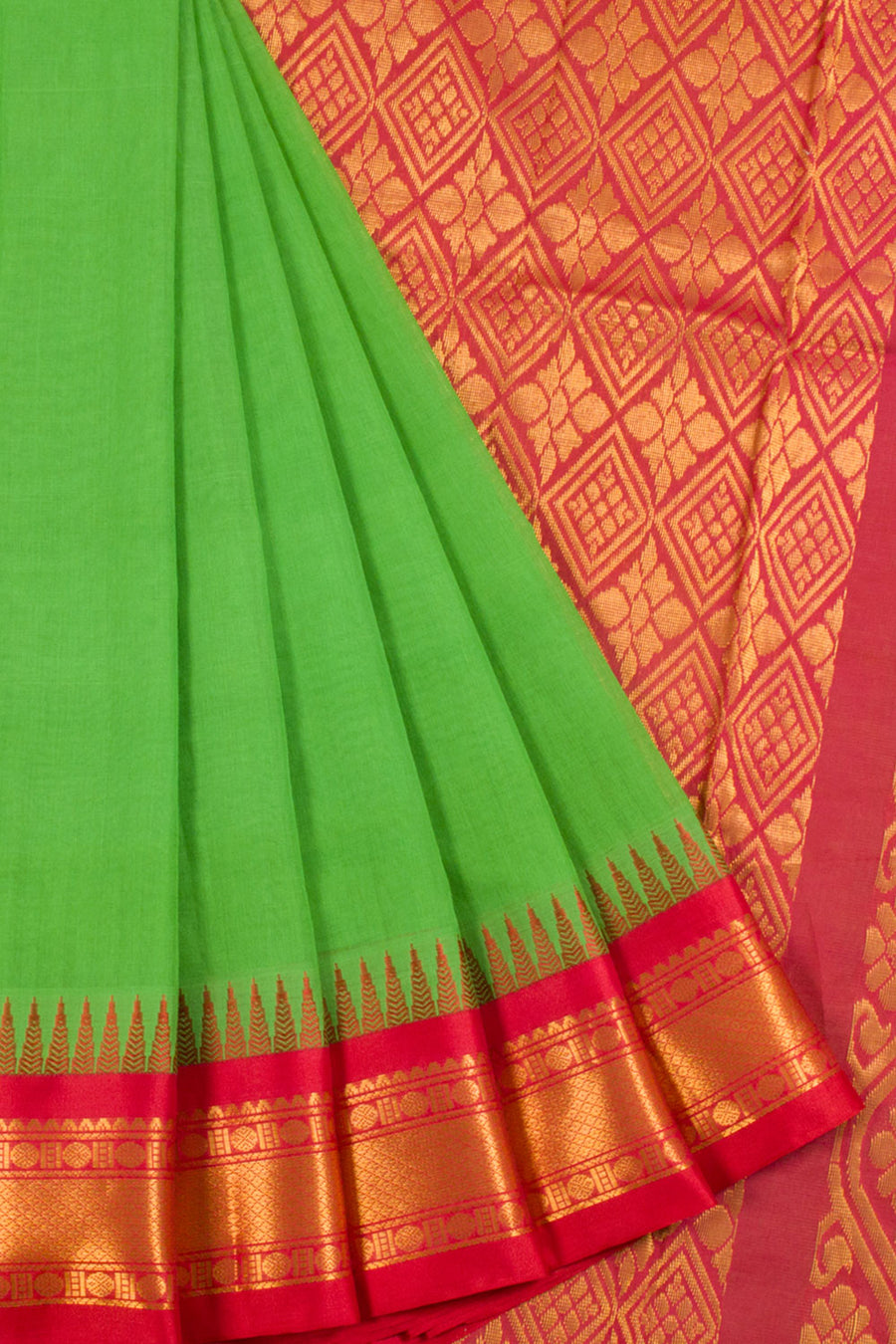 Green Gadwal Kuttu Cotton Saree with Silk Border, Pallu and Without Blouse