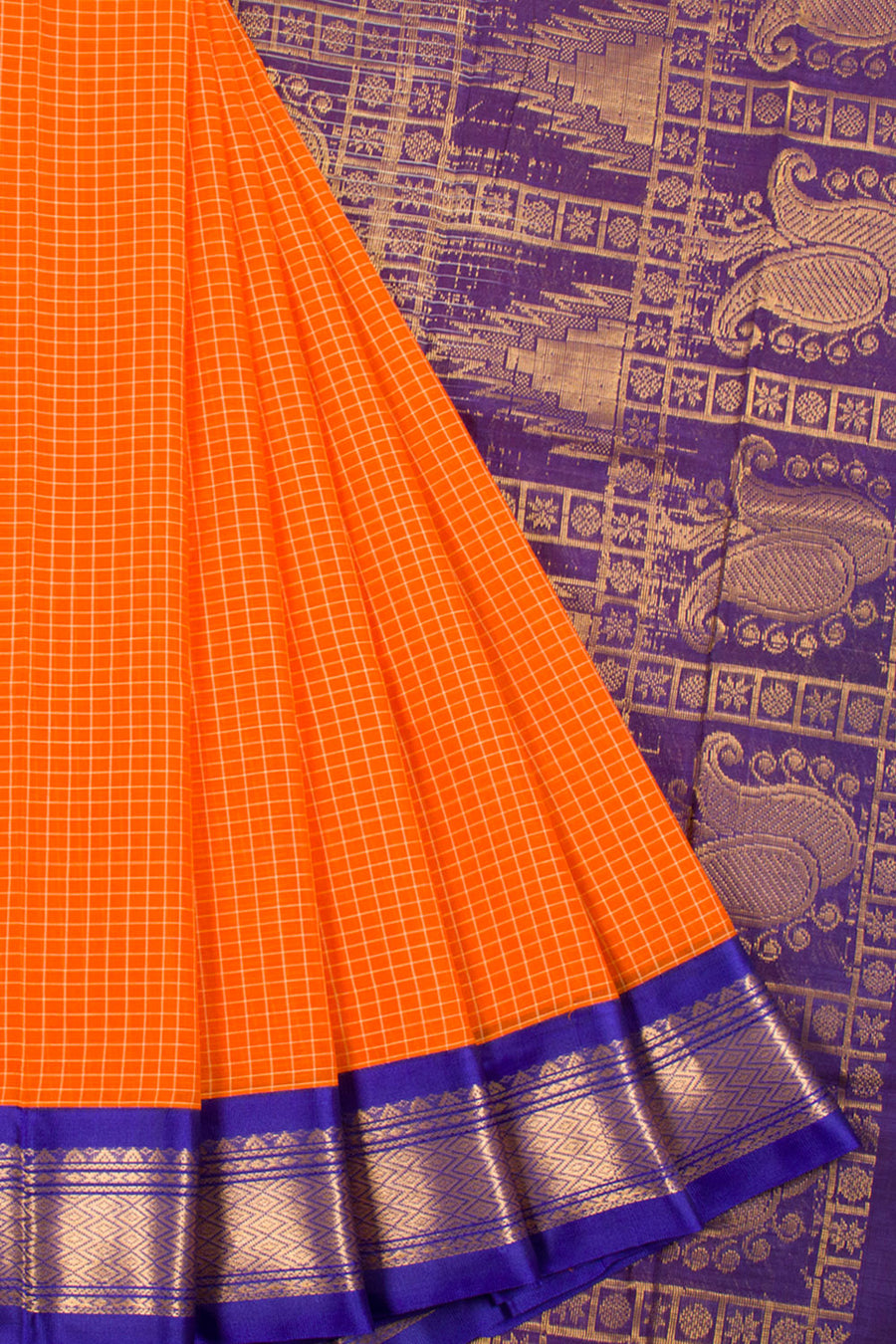 Orange Handwoven Gadwal kuttu Cotton Saree with Checks, Silk Border, Pallu and Without Blouse