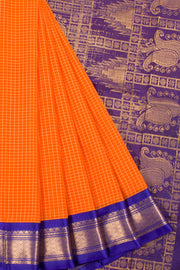 Orange Handwoven Gadwal kuttu Cotton Saree with Checks, Silk Border, Pallu and Without Blouse