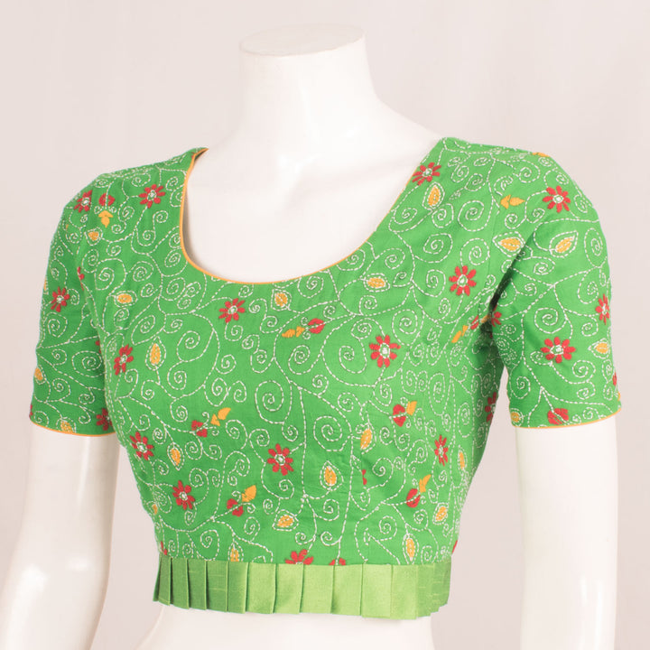 Kantha Embroidered Cotton Blouse with Frilled Waist, Back Tie-Up and Side Zip