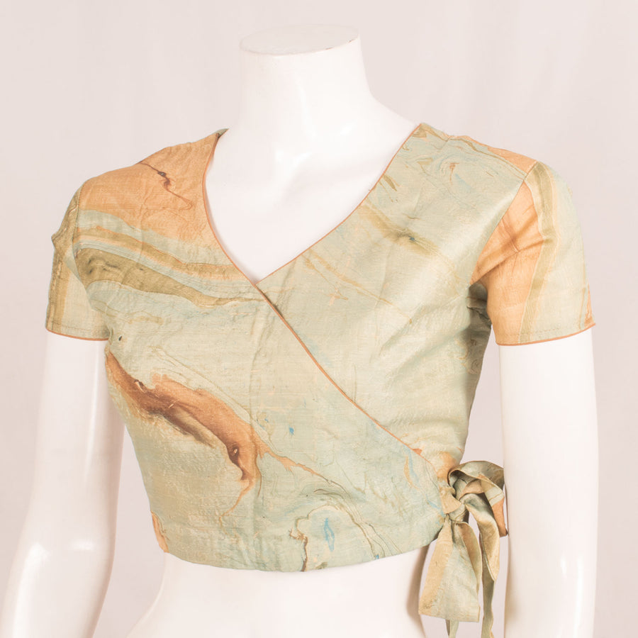Marble Printed Banana Silk Blouse with Surplice Design, Fancy Side Tie-Up and Side Zip