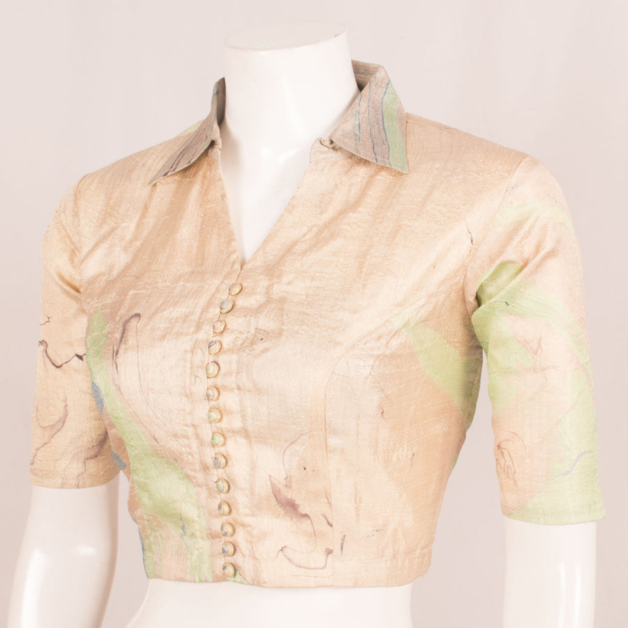 Marble Printed Princess-Cut Banana Silk Blouse with Shirt Collar Neck, Boondi Buttons and Side Zip 