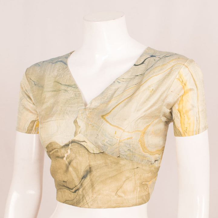 Marble Printed Choli-Cut Banana Silk Blouse with Fancy Back Buttons and Side Zip