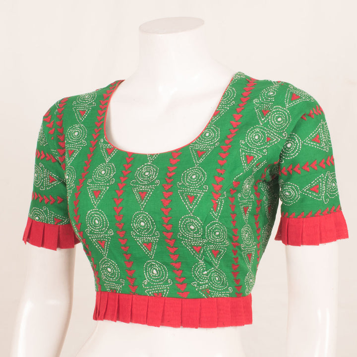 Kantha Embroidered Cotton Blouse with Frilled Waist, Sleeves and Back Tie-Up, Side Zip