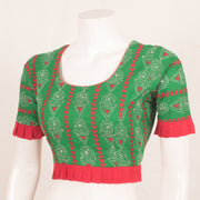 Kantha Embroidered Cotton Blouse with Frilled Waist, Sleeves and Back Tie-Up, Side Zip