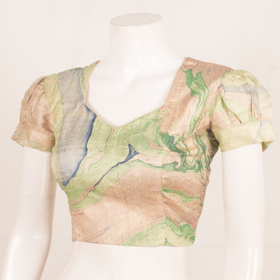 Marble Printed Pentagon Neck Banana Silk Blouse with Puff Sleeves and Side Zip