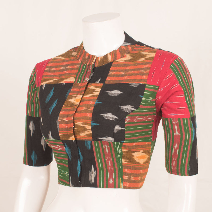 Handcrafted Ikat Patch Work Cotton Blouse with Chinese Collar
