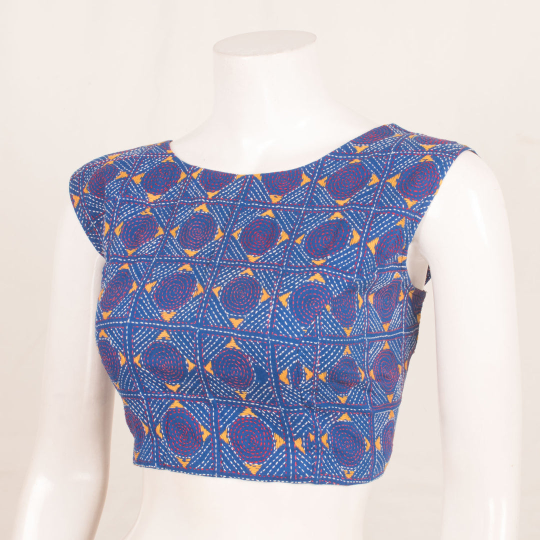Kantha Embroidered Sleeveless Cotton Blouse with Oval Back and Back Open