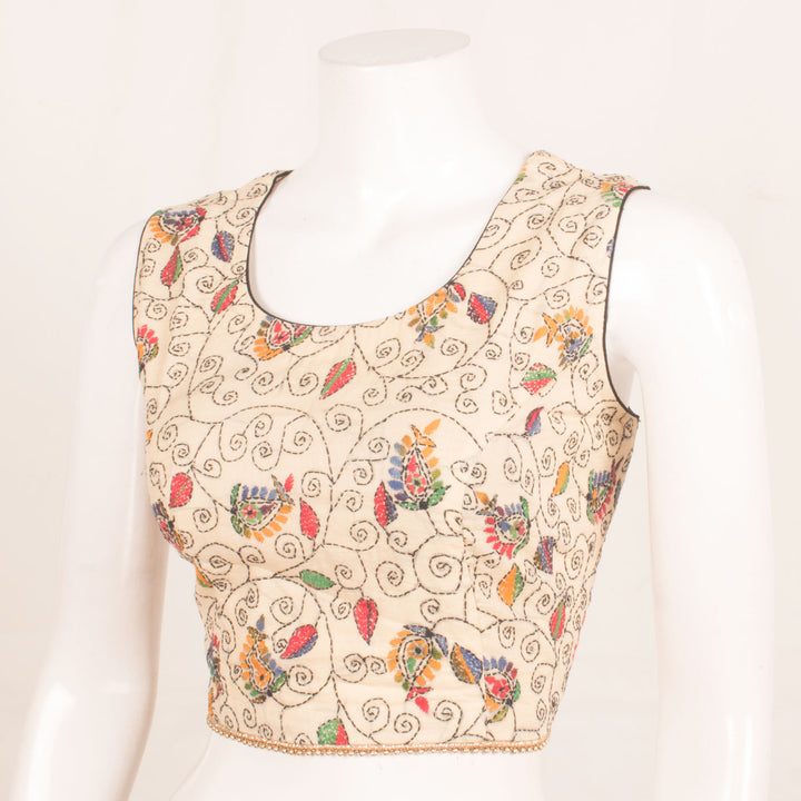 Kantha Embroidered Sleeveless Cotton Blouse with Golden Beads Edging on Waist and Side Zip 