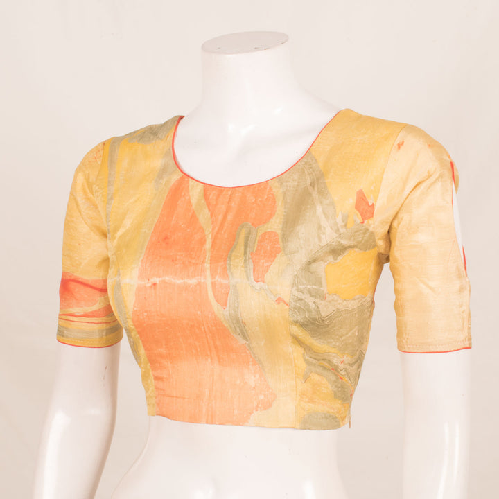 Marble Printed Banana Silk Blouse with Keyhole Sleeves and Side Zip