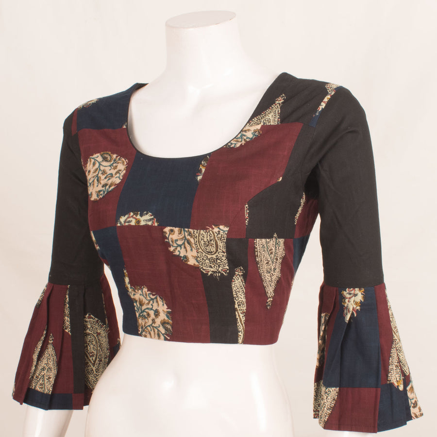 Kalamkari Printed Patch Work Cotton Blouse with Bell Sleeves, Back Tie-Up and Side Zip 