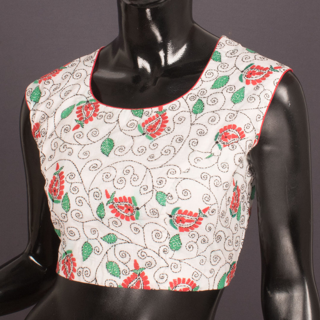 Kantha Embroidered Sleeveless Cotton Blouse with Diamond cut-out back