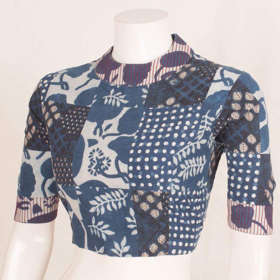 Dabu Printed Patch Work Cotton Blouse with Chinese Collar and Back Open