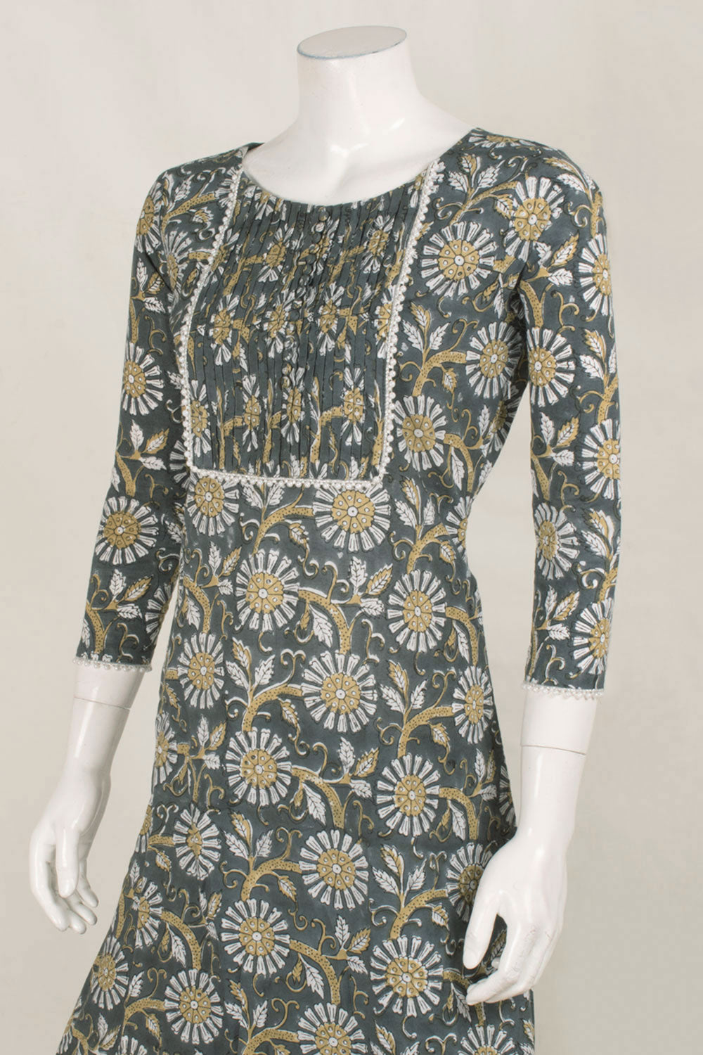 Hand Block Printed Cotton Dress with Pin tuck, Bead Work Yoke and Side Zip