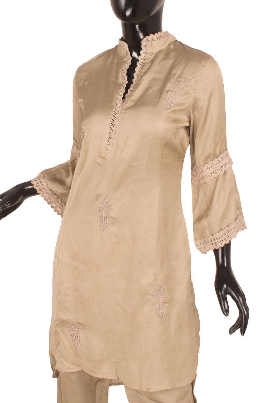Handcrafted Silk Kurta Set with Floral Embroidery and Crochet Sleeves and Neck