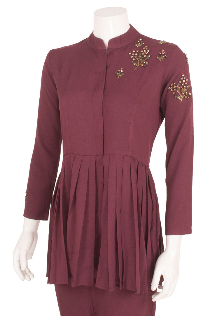 Handcrafted Viscose Cotton Coordinated Set with Embellished Shoulder and Peplum Top