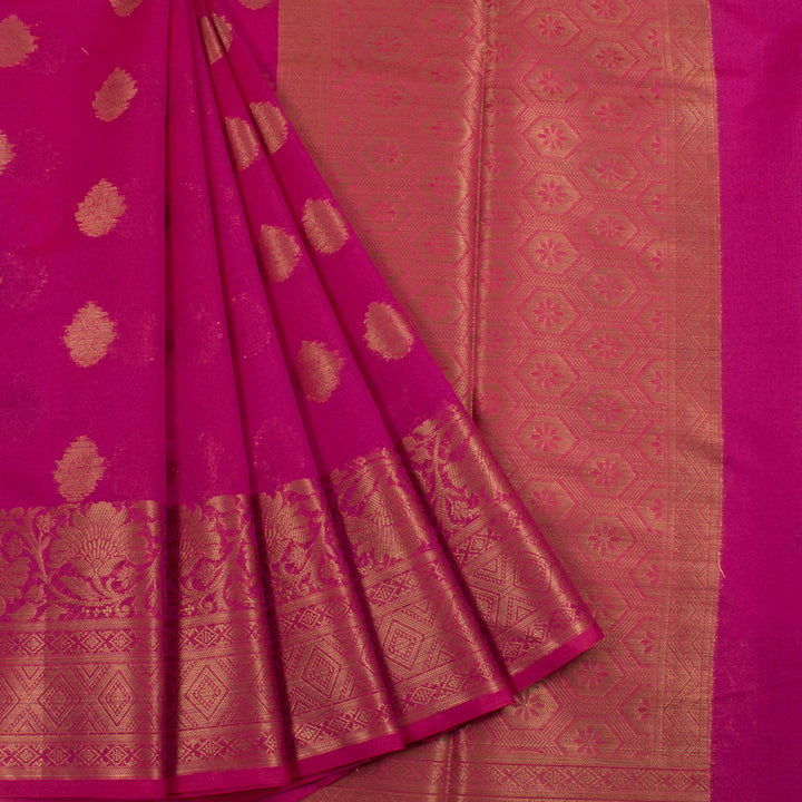 Handloom Banarasi Katrua Silk Cotton Saree with Floral Motifs and Diamond Border