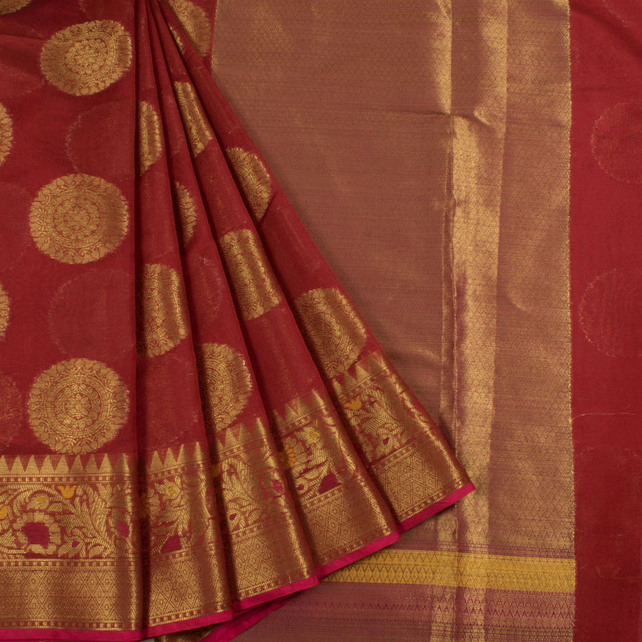 Handloom Banarasi Katrua Silk Cotton Saree with Rangoli Motifs and Meenakari Jangla Border 