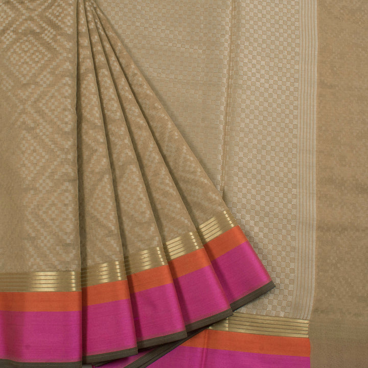 Handloom Banarasi Katrua Silk Cotton Saree with Geometric Design and Zari Border
