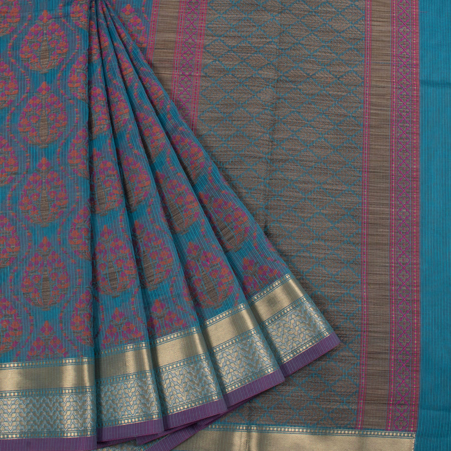 Handloom Banarasi Katrua Silk Cotton Saree with Floral Motifs and Zari Border