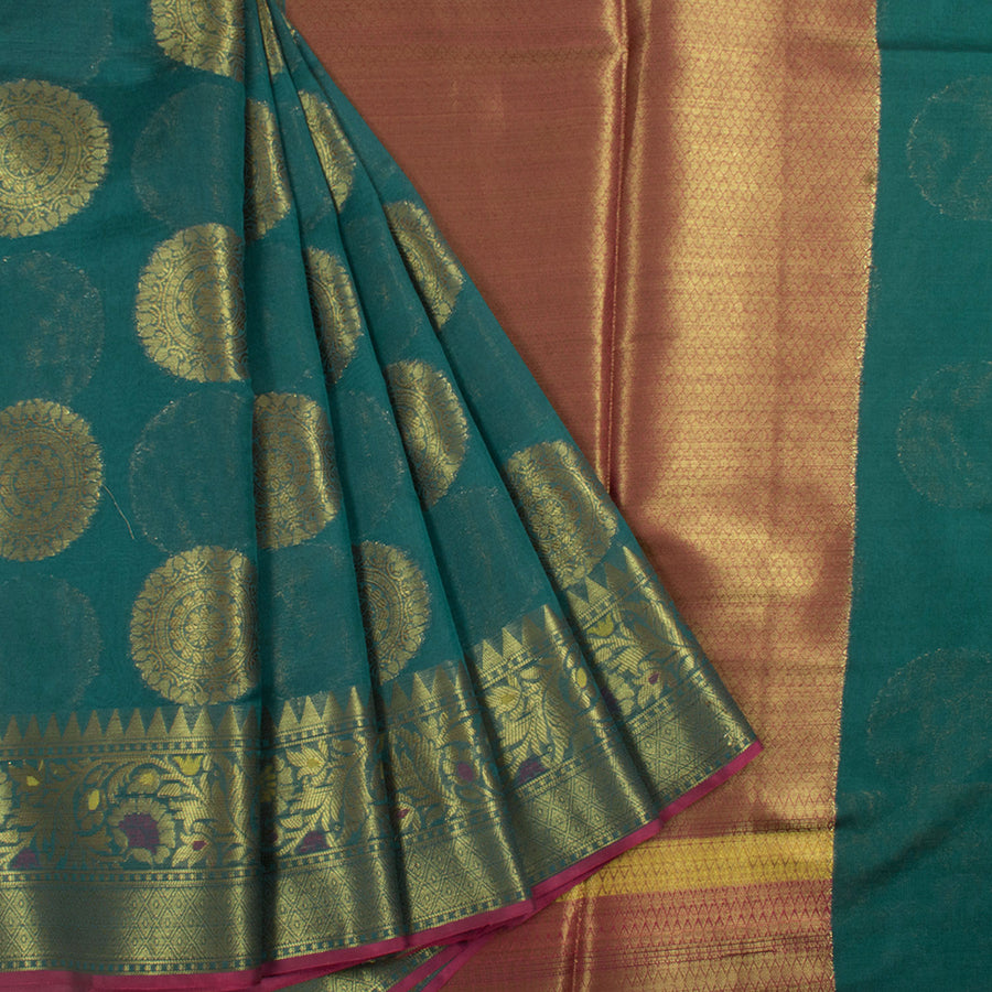 Handloom Banarasi Katrua Silk Cotton Saree with Rangoli Motifs and Meenakari Floral Border 