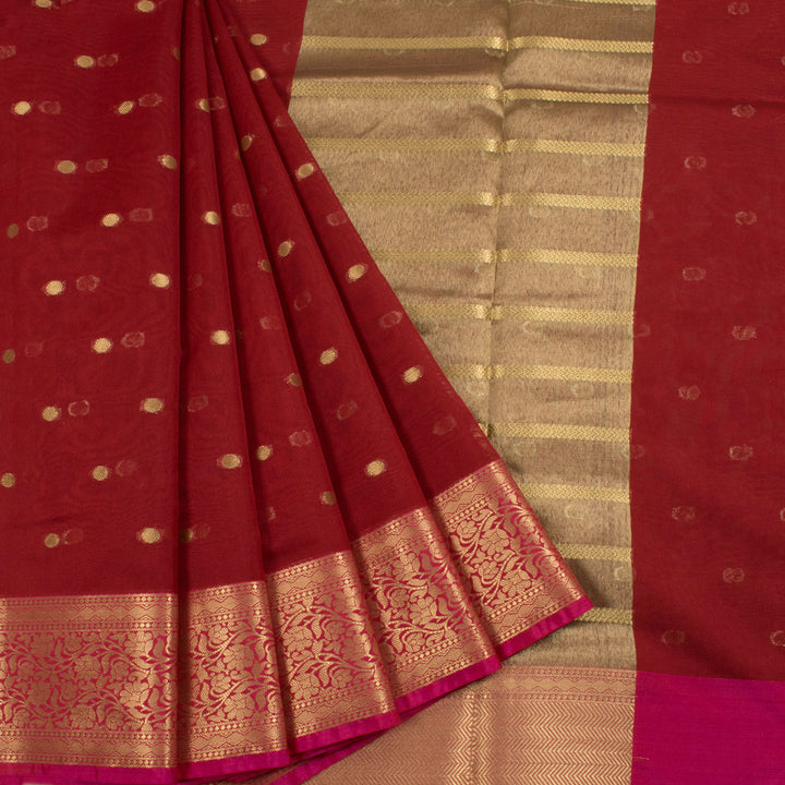Handloom Banarasi Silk Cotton Saree with Polka Dot Motifs and Floral Border