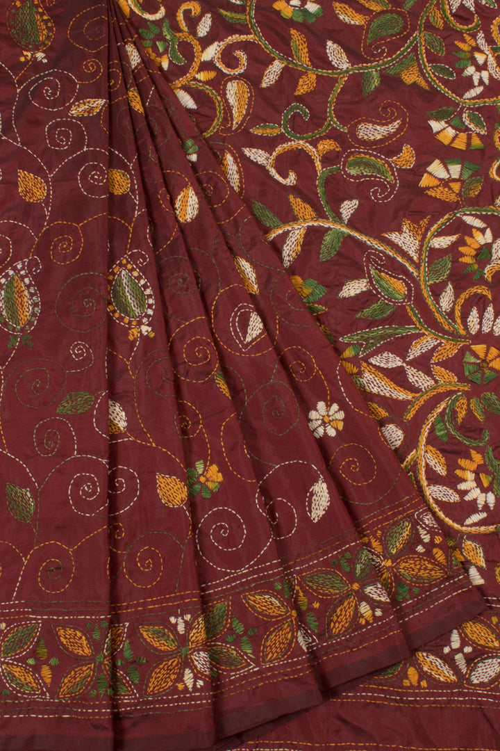 Kantha Embroidered Silk Saree with allover Floral Design 