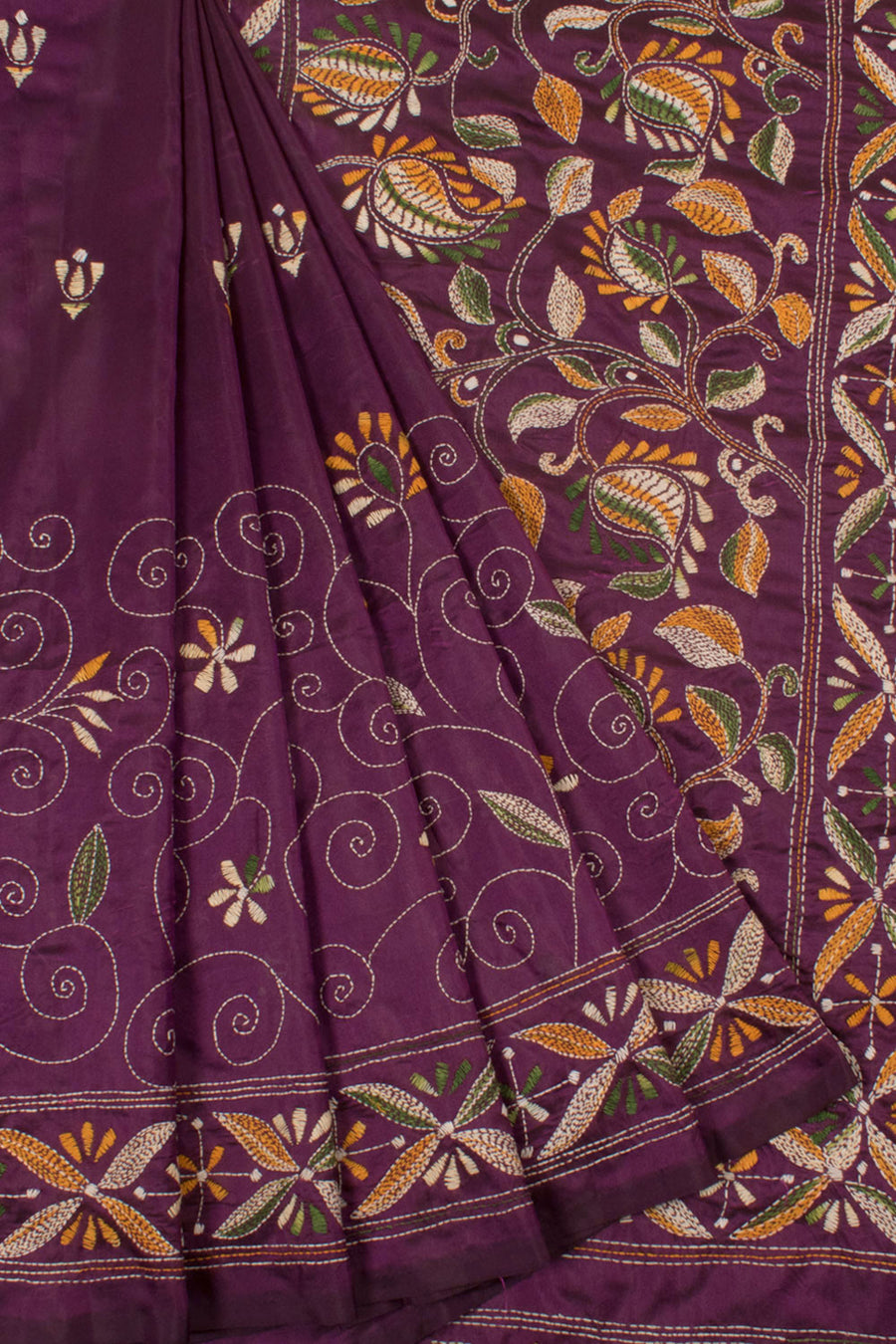 Kantha Embroidered Silk Saree with allover Floral Design