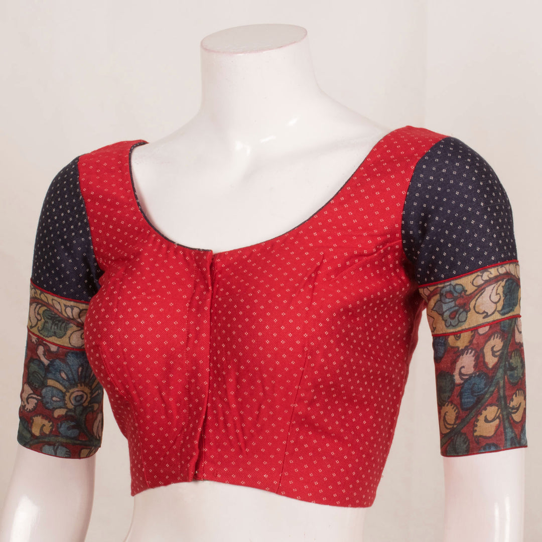 Handcrafted Mashru Blouse with Kalamkari Sleeves and Contrast Piping