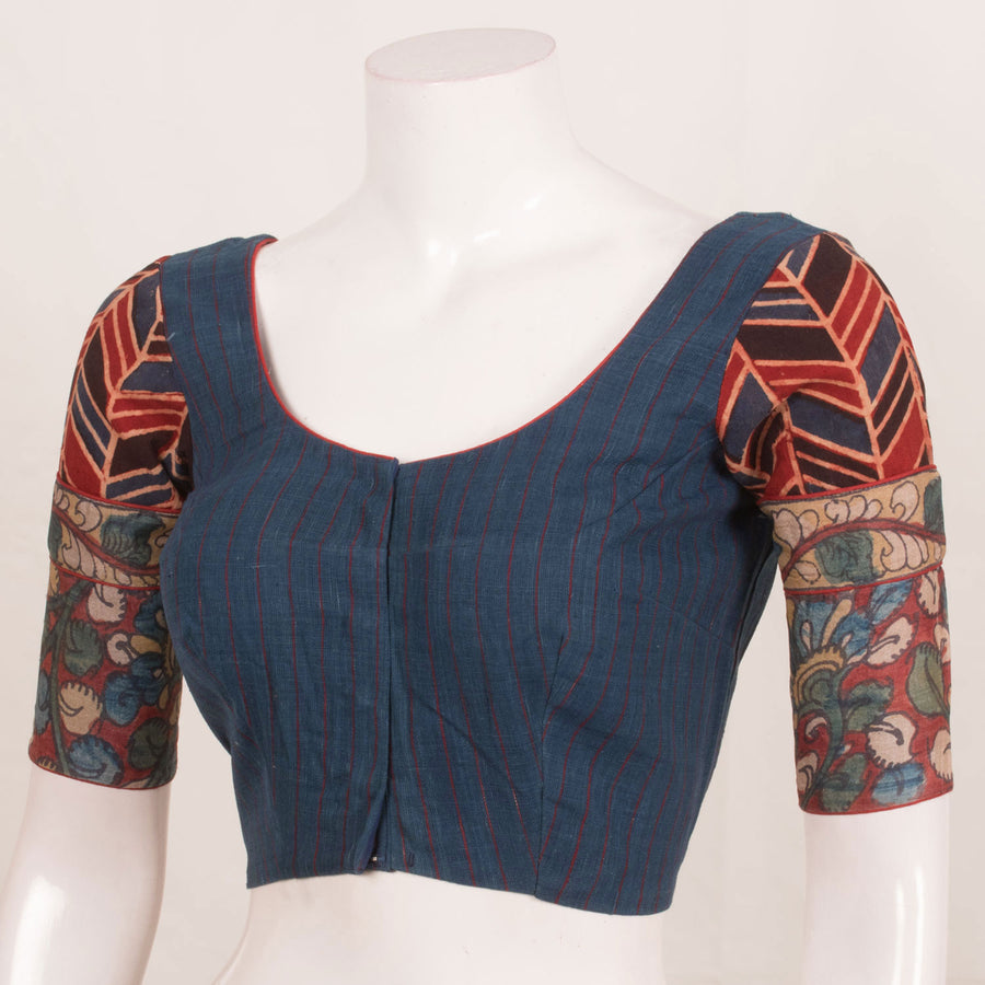 Handcrafted Cotton Blouse with Stripes Design and Ajrakh Kalamkari Sleeves