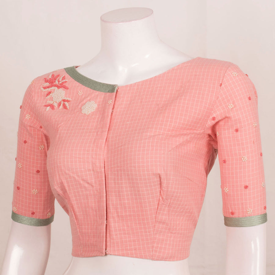 Handcrafted Cotton Blouse with Checks Design Pearl Beads Embroidery and Contrast Patti 