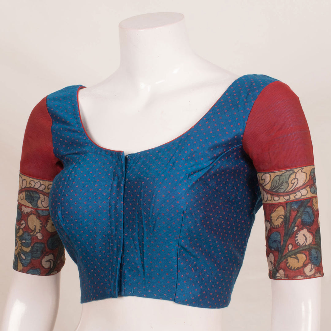 Handcrafted Mashru Blouse with Kalamkari Sleeves and Contrast Piping 