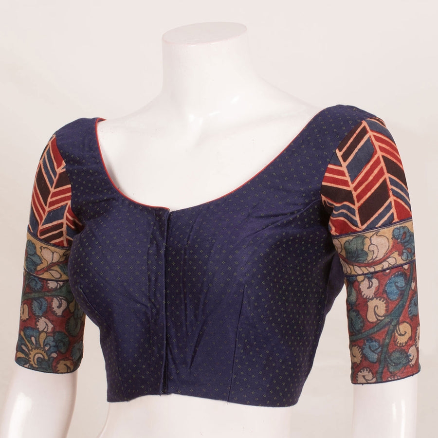 Handcrafted Mashru Blouse with Kalamkari Ajrakh Sleeves and Contrast Piping