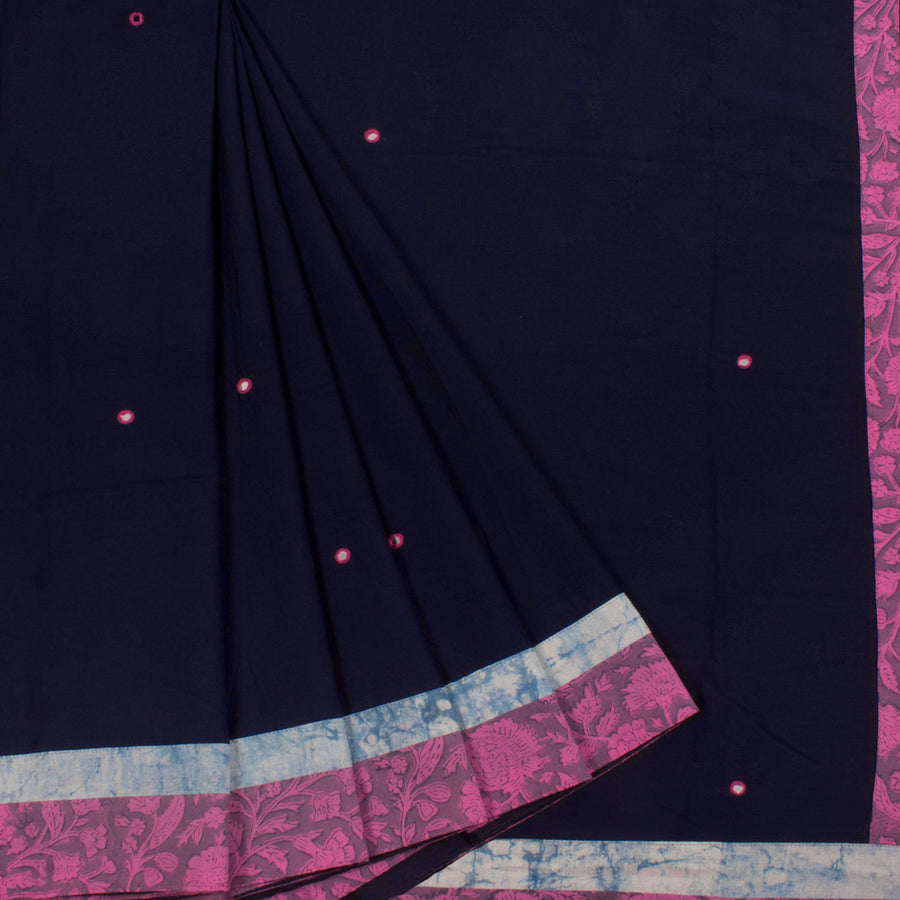 Hand Embroidered Mulmul Cotton Saree with Applique, Mirror Work and Floral Printed Border and Fancy Tassels