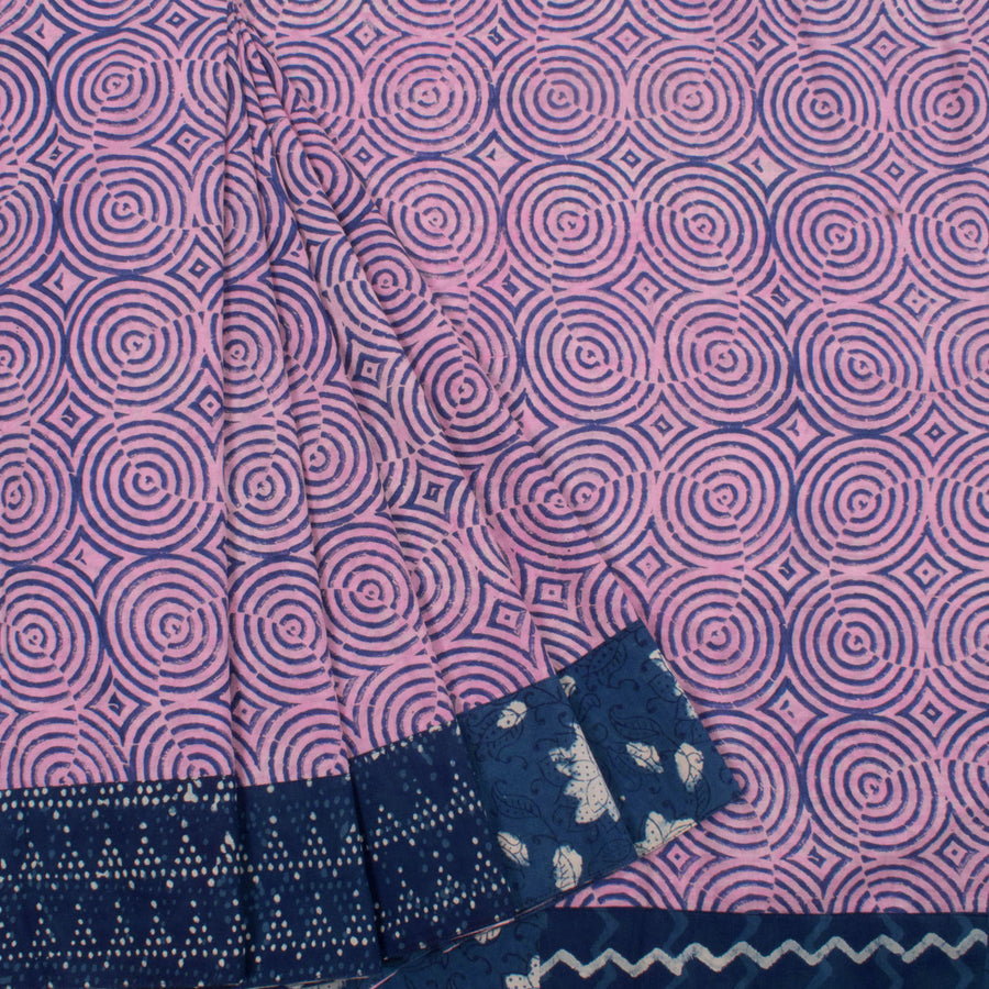 Hand Block Printed Mulmul Cotton Saree with Geometric Pattern and Dabu Printed Border and Fancy Bird Tassels 