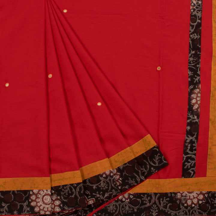 Hand Embroidered Mulmul Cotton Saree with Applique, Mirror Work and Floral Printed Border and Fancy Tassels