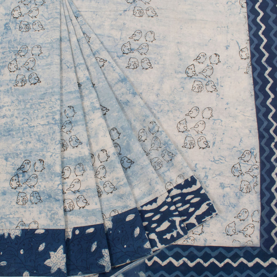 Hand Block Printed Mulmul Cotton Saree with Birds Motifs, Dabu Printed Border and Fancy Tassels 