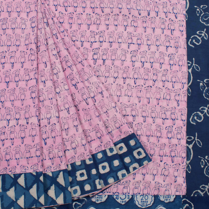 Hand Block Printed Mulmul Cotton Saree with Parrot Motifs, Dabu Printed Border and Fancy Bird Tassels