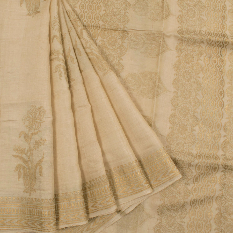 Hand Block Printed Tussar Silk Saree with Metallic Printed Floral Motifs, Fancy Tassels and without Blouse