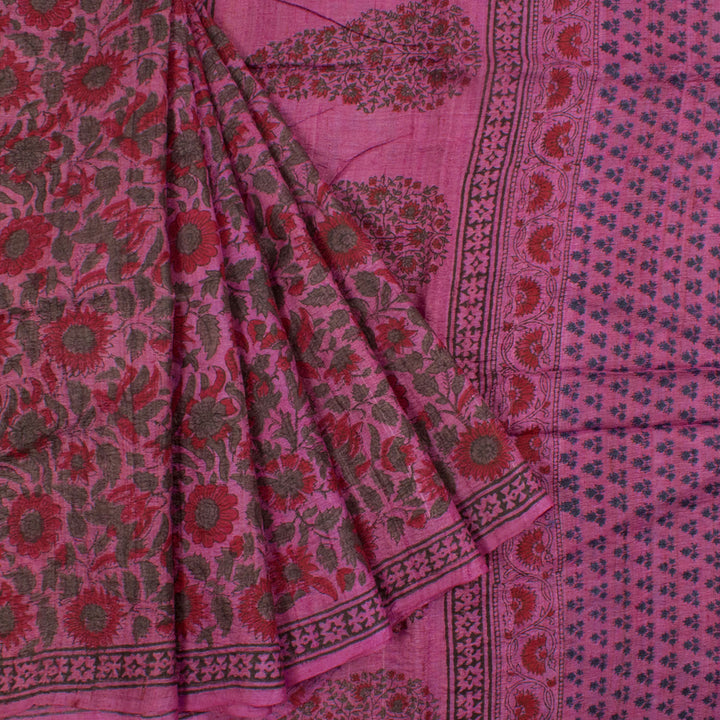 Hand Block Printed Tussar Silk Saree with Floral Design and Fancy Tassels 