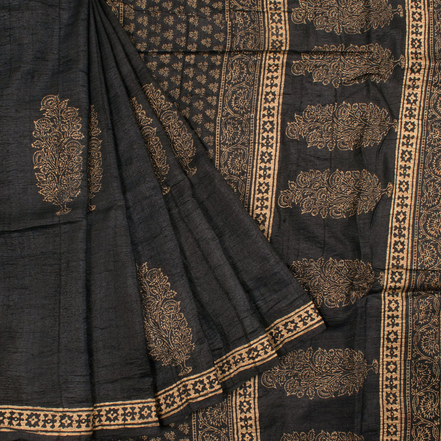 Hand Block Printed Tussar Silk Saree with Metallic Printed Floral Motifs and Fancy Tassels