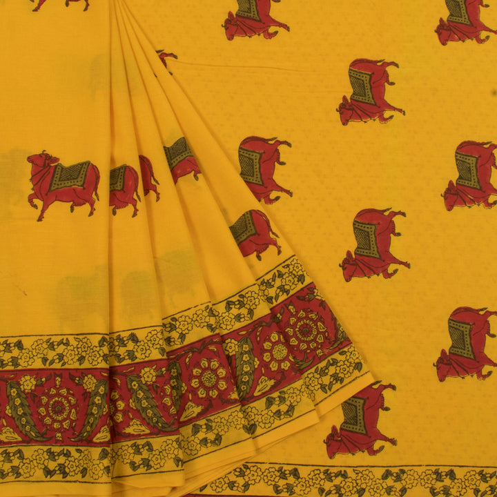 Hand Block Printed Mulmul Cotton Saree with Nandi Motifs and Fancy Tassels