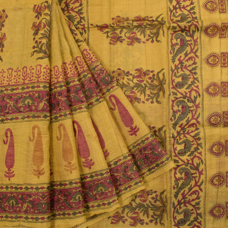 Hand Block Printed Tussar Silk Saree with Floral Design, Fancy Tassels and without Blouse 