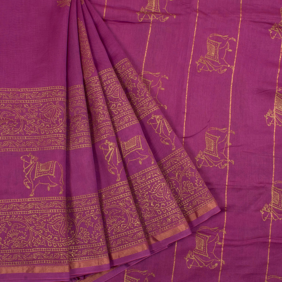 Hand Block Printed Chanderi Silk Cotton Saree with Metallic Printed Floral Motifs, Nandi Border and Fancy Tassels