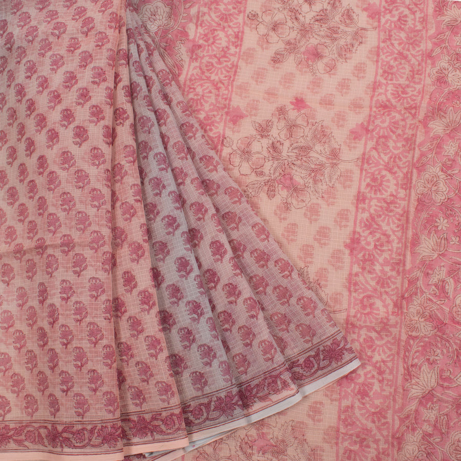 Hand Block Printed Kota Doria Cotton Saree with allover Floral Motifs, Fancy Tassels and Without Blouse