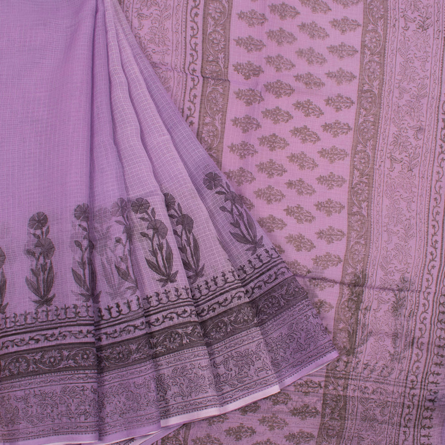 Hand Block Printed Kota Doria Cotton Saree with Floral Motifs Border, Fancy Tassels and without Blouse