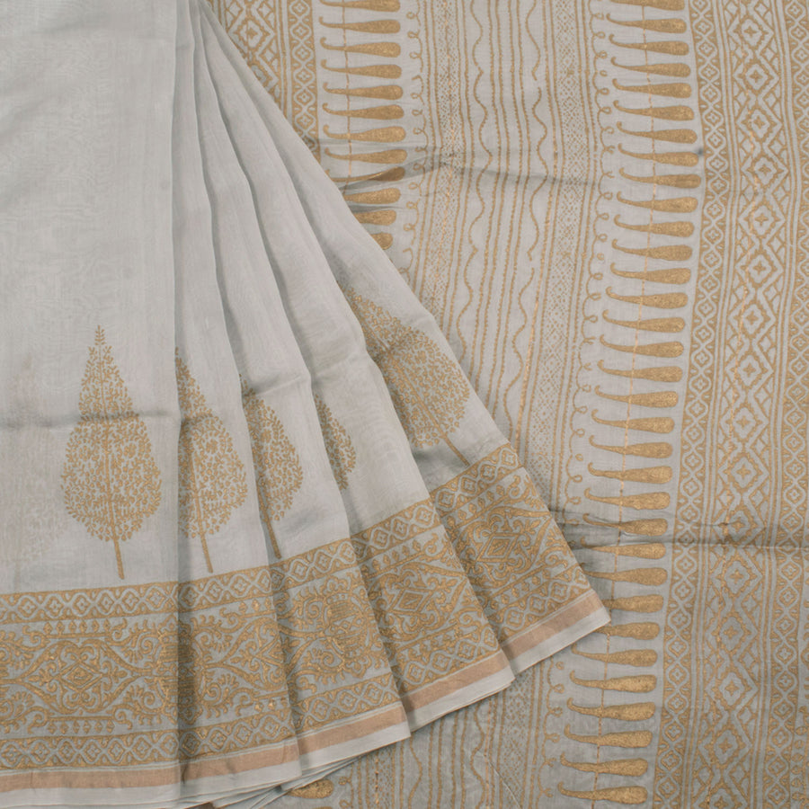 Hand Block Printed Chanderi Silk Cotton Saree with Metallic Printed Cyprus Tree Motifs and Fancy Tassels 